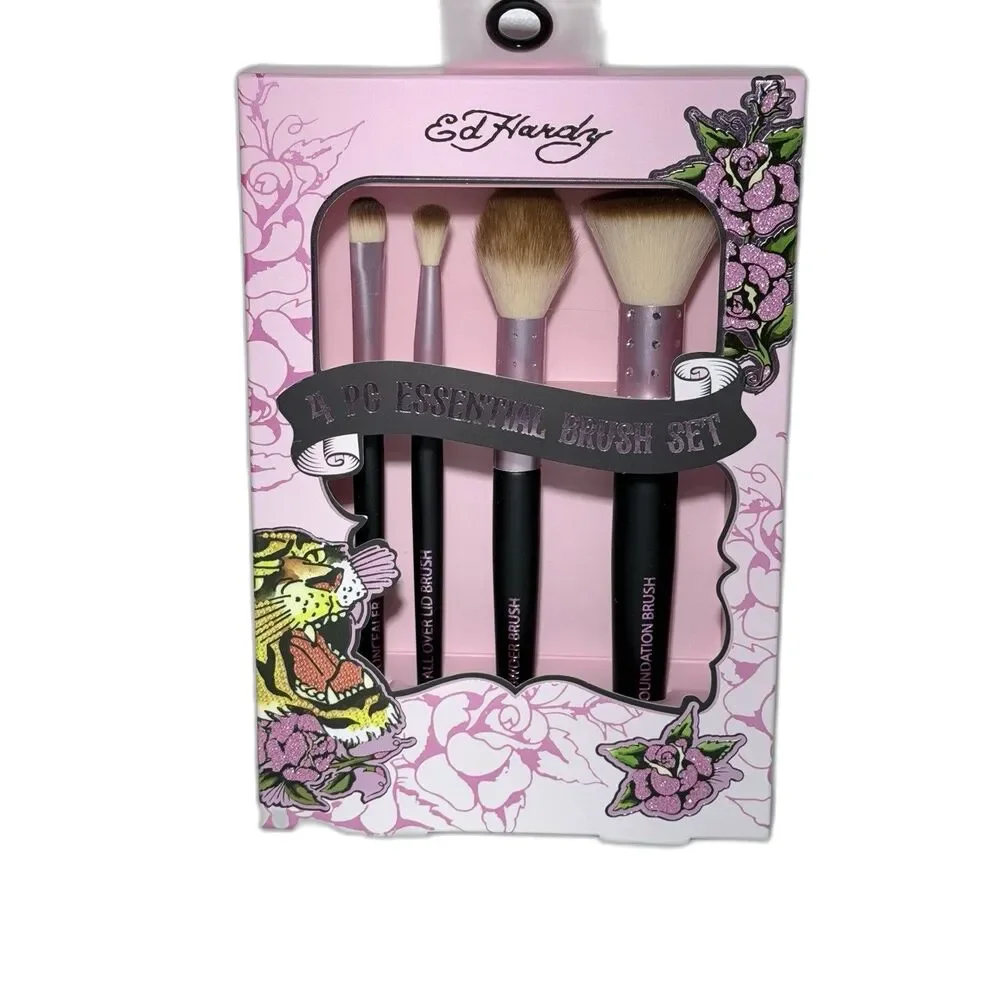 Ed Hardy 4 Pc Essential Makeup Brush Set New In Box